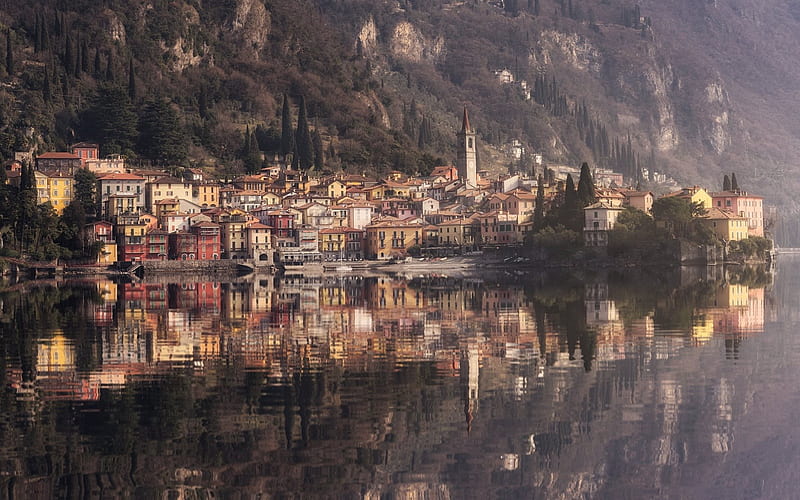 Coast, evening, Varenna, province, Lecco, Lombardy, Italy, HD wallpaper