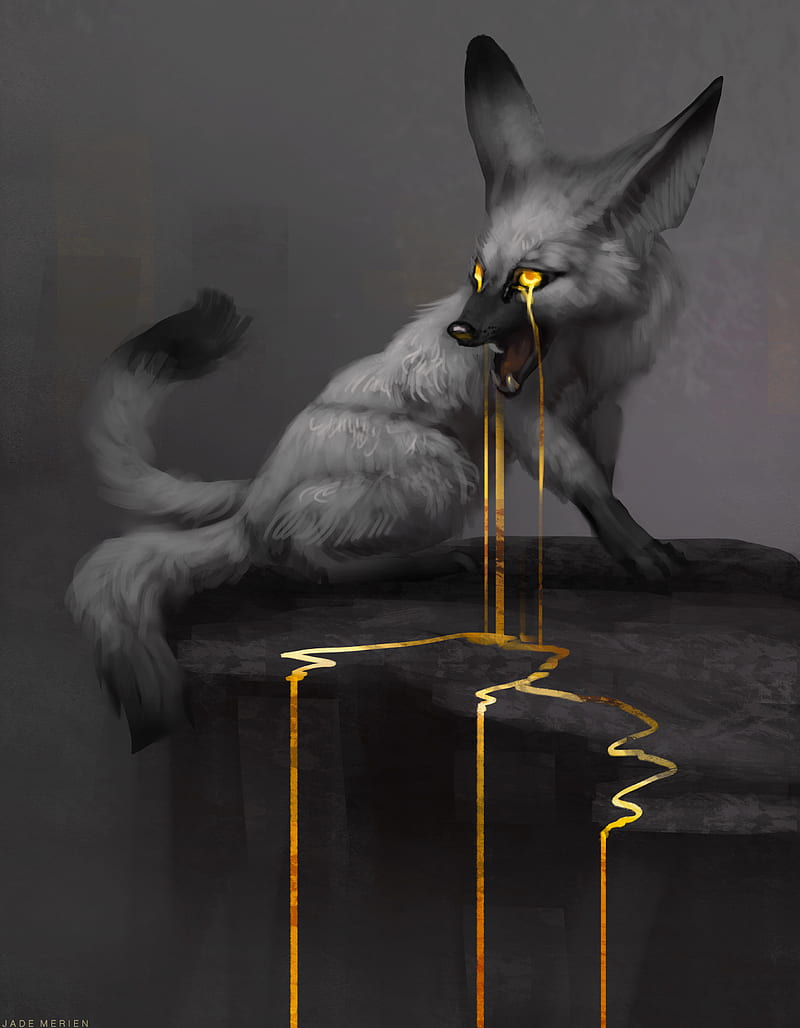 Drip by Jade Merien, fox, fennec, gold, surreal, fantasy, creature, animal, painting, HD phone wallpaper