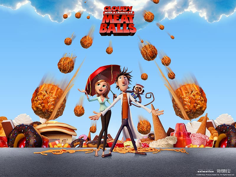 Movie, Sam Sparks, Cloudy With A Chance Of Meatballs, Flint Lockwood, Steve The Monkey, HD wallpaper