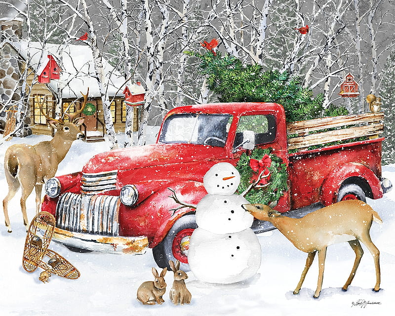 A Country Christmas, winter, red, art, christmas, craciun, snowman, country, deer, green, snow, car, pictura, HD wallpaper