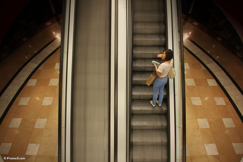 Auto stair, railing, mall, stairs, woman, HD wallpaper