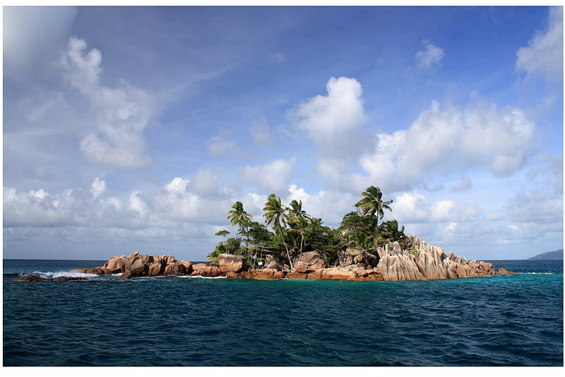 Ile St. Pierre, Seychelles, rocks, indian ocean, water, palms, HD wallpaper