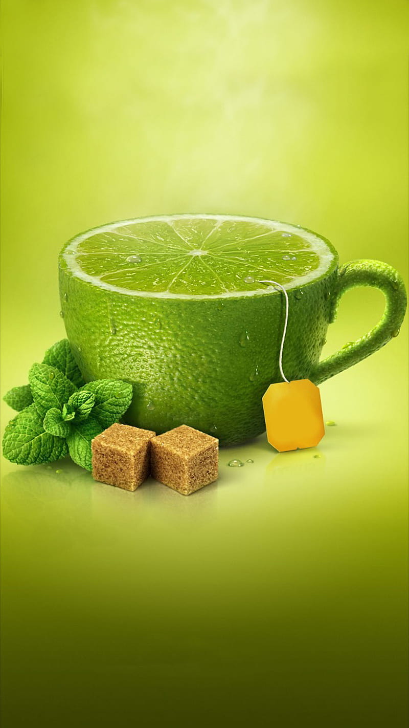 lemon cup, fruit, green, leaves, lemon, sugar, tea, HD phone wallpaper