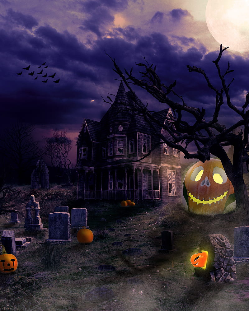 Skeleton pumpkin , halloween, halloween theme, halloween , house, scary, HD phone wallpaper
