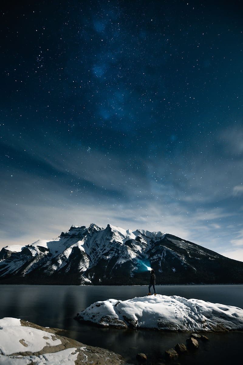 lake, mountains, snow, man, night, HD phone wallpaper