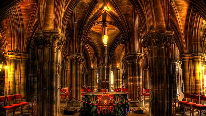 gorgeous interior of a church r, arches, altar, interior, chairs, r, church, HD wallpaper