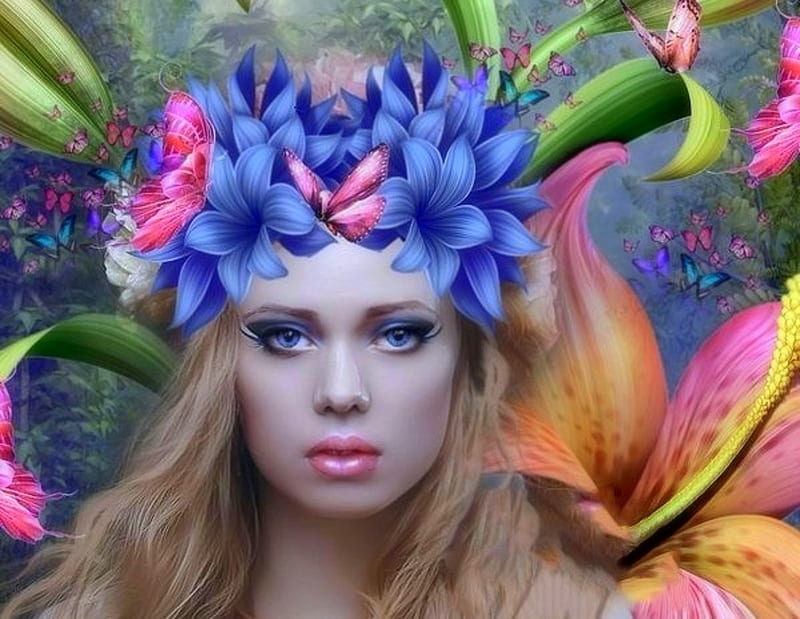 ~Fairy of Garden~, love four seasons, butterflies, creative pre-made, digital art, woman, fantasy, manipulation, weird things people wear, fairies, flowers, butterfly designs, HD wallpaper