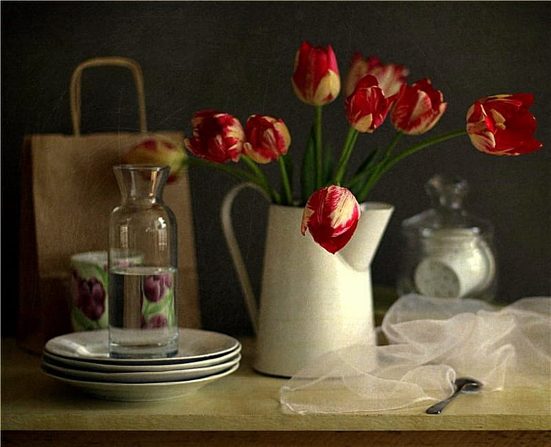 Simple Beauty, glass jar, spoon, carafe, pitcher, plates, vase, paper bag, still life, teacups, flowers, tulips, HD wallpaper