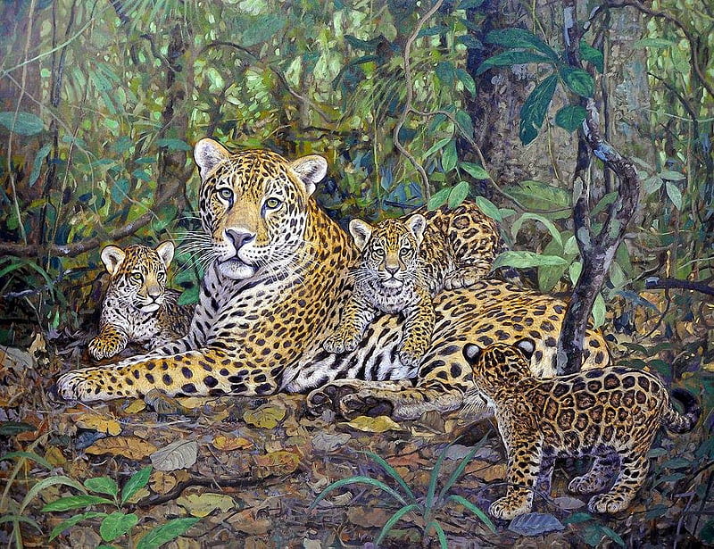 Offspring in the Jungle, painting, family, leopard, animals, HD wallpaper