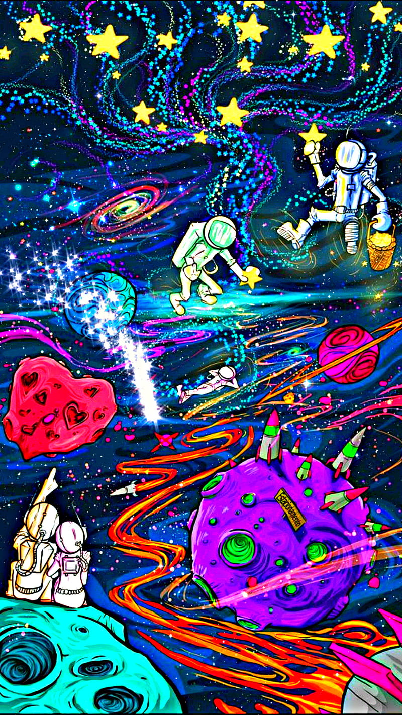 Cosmic Theater, acid, colorful, neon, planets, solar, space, stars, trippy, HD phone wallpaper