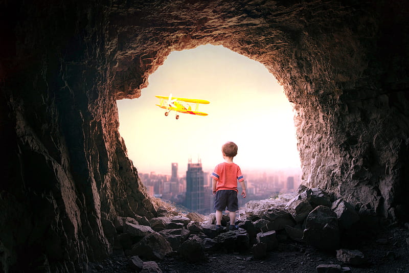 cave, child, plane, city, view, HD wallpaper