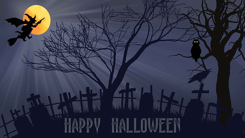 Halloween Night, Moon, Gravestones, Halloween, Owl, Witch, Raven, Night, dark, Trees, HD wallpaper