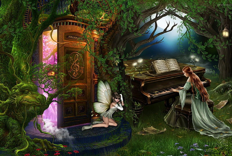 music story, forest, fairy tale, music, piano, door, fantasy, moon, girl, story, fairy, light, night, HD wallpaper