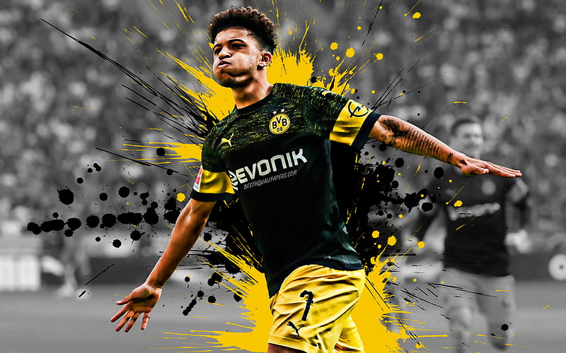 Jadon Sancho English football player, Borussia Dortmund, midfielder, yellow-black paint splashes, BVB, creative art, Bundesliga, Germany, football, grunge, HD wallpaper