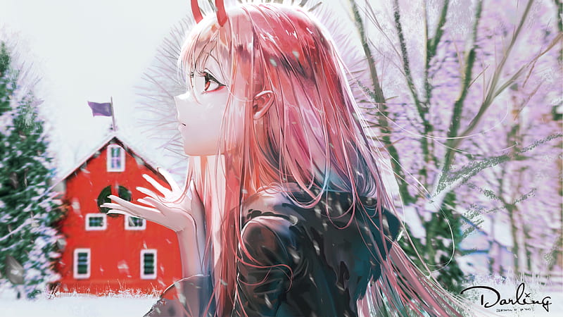 darling in the franxx zero two standing with background of trees and red painted house with flag anime, HD wallpaper