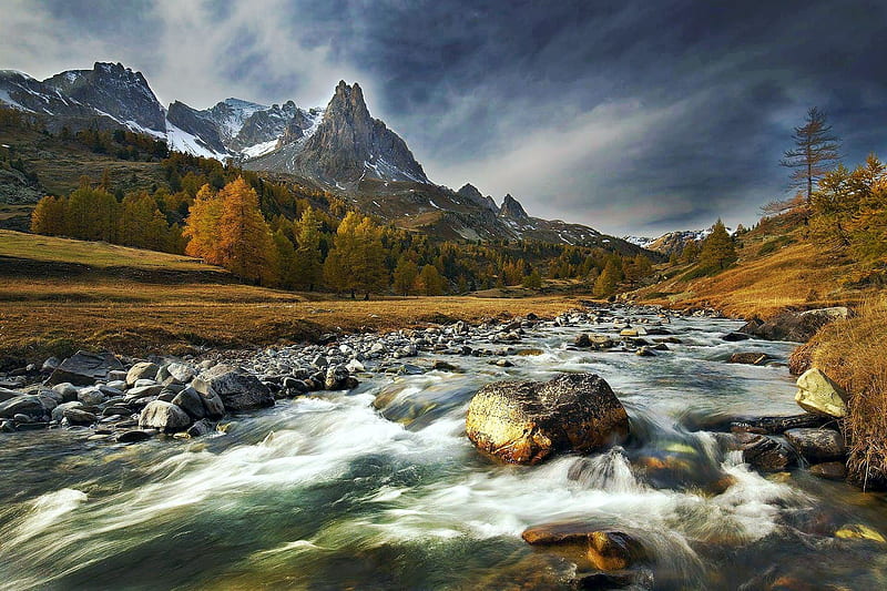 Autumn in Vallee de la Claree - Nevache, France, mountains, stones, dark, river, clouds, alps, sky, HD wallpaper
