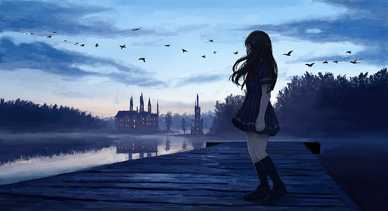 Anime, Original, Bird, Cloud, Evening, Girl, Lake, Long Hair, Pier, Sky, HD wallpaper