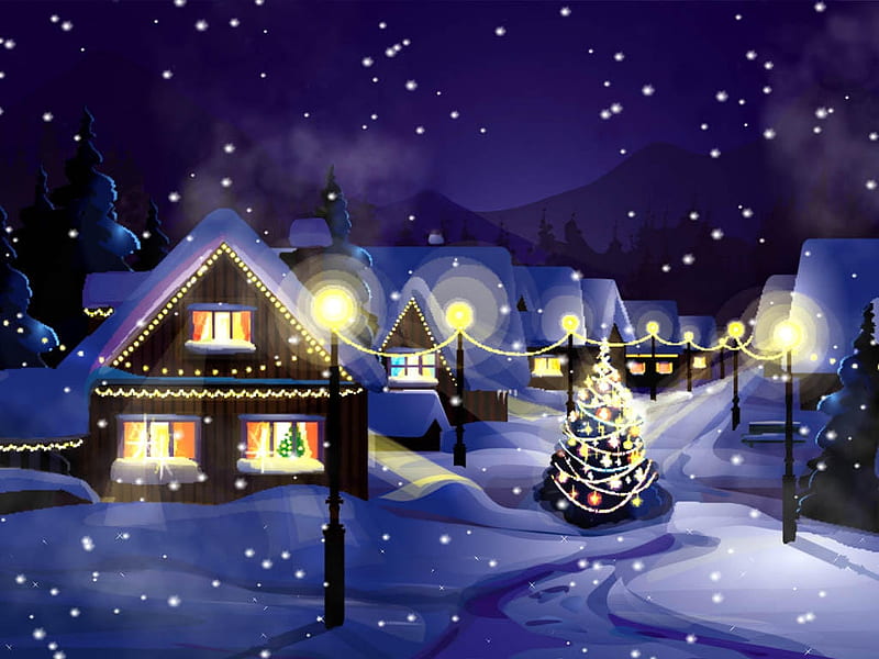 Christmas snowfall, Home, Night, Winter, New Year, Snow, Tree, HD wallpaper