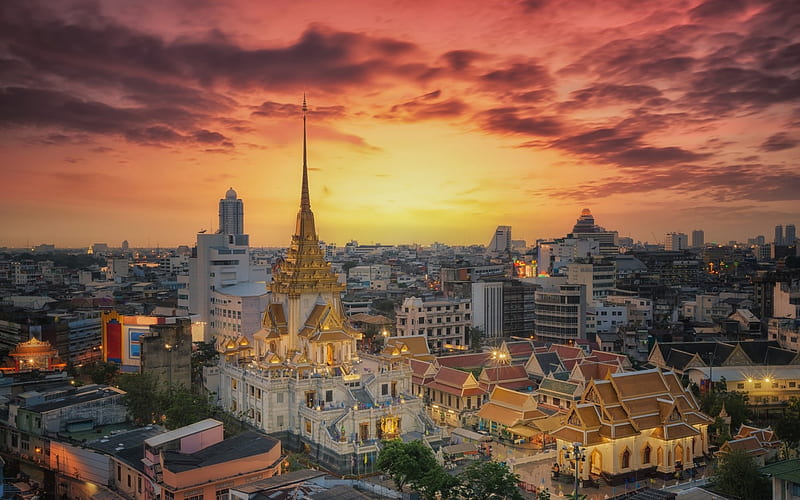 Bangkok, Golden Buddha, evening, sunset, Phra Phuttha Maha Suwana Patimakon, temple, cityscape, Thailand, HD wallpaper