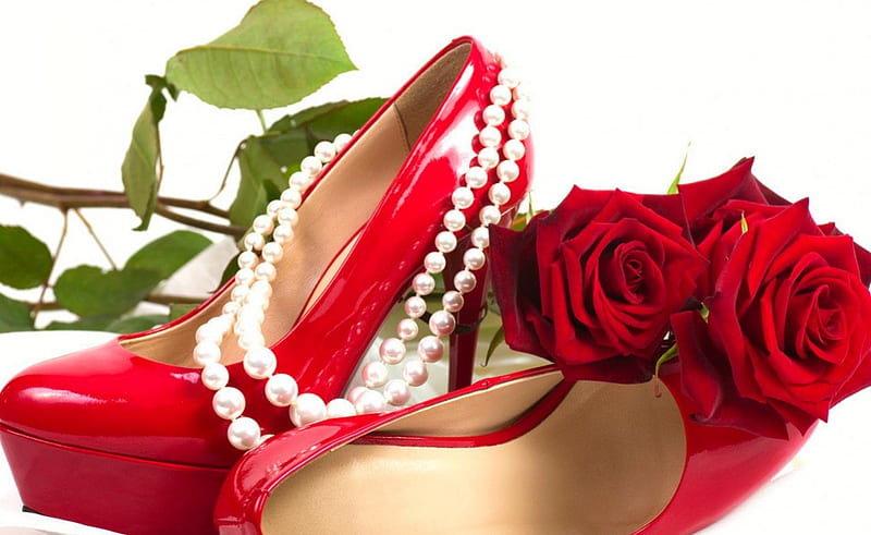 Red shoe, red rose, flowers, pearl, stilettos, HD wallpaper | Peakpx