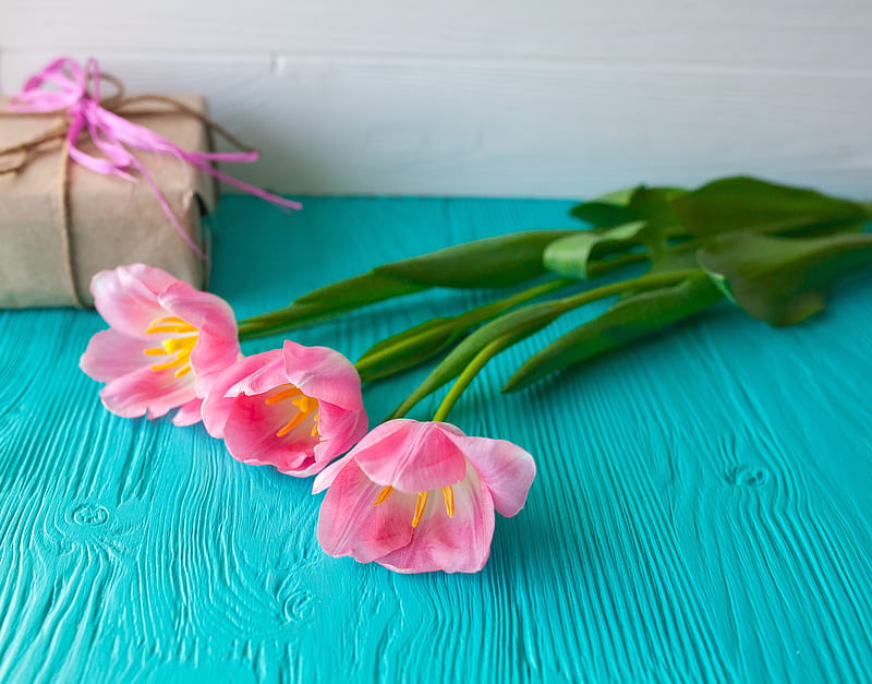Happy Mother's Day!, box, spring, mother, gift, card, flower, day, pink, blue, wood, tulip, HD wallpaper