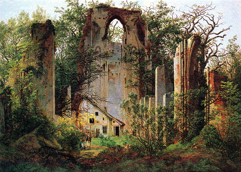 Cloister Ruins, walls, ancient, plants, trees, artwork, HD wallpaper