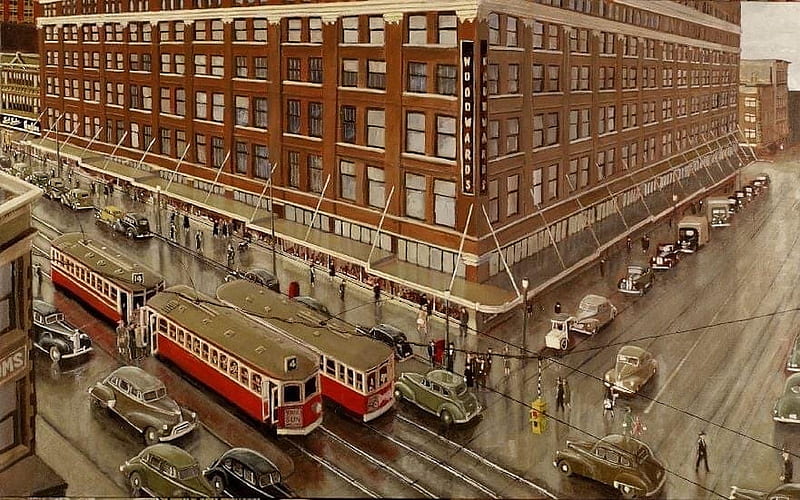 Hastings Street, windows, tracks, Street cars, Vintage, HD wallpaper