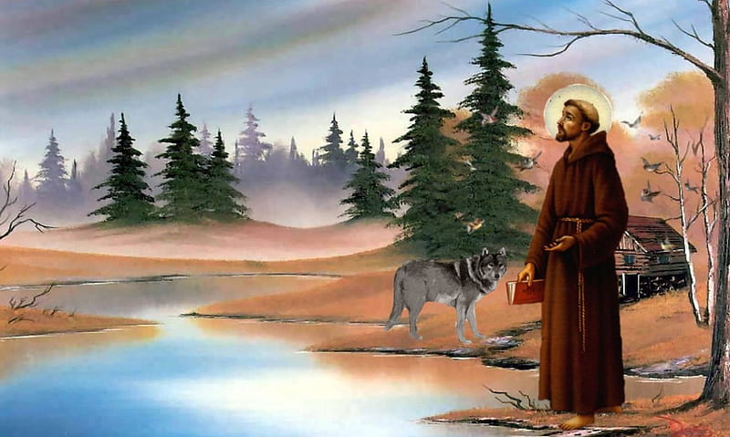 St. Francis and the wolf, christ, francis, love, peace, wolf, HD wallpaper