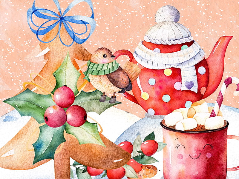 Merry Christmas, Christmas, Watercolor, Coffee, Cocoa, HD wallpaper