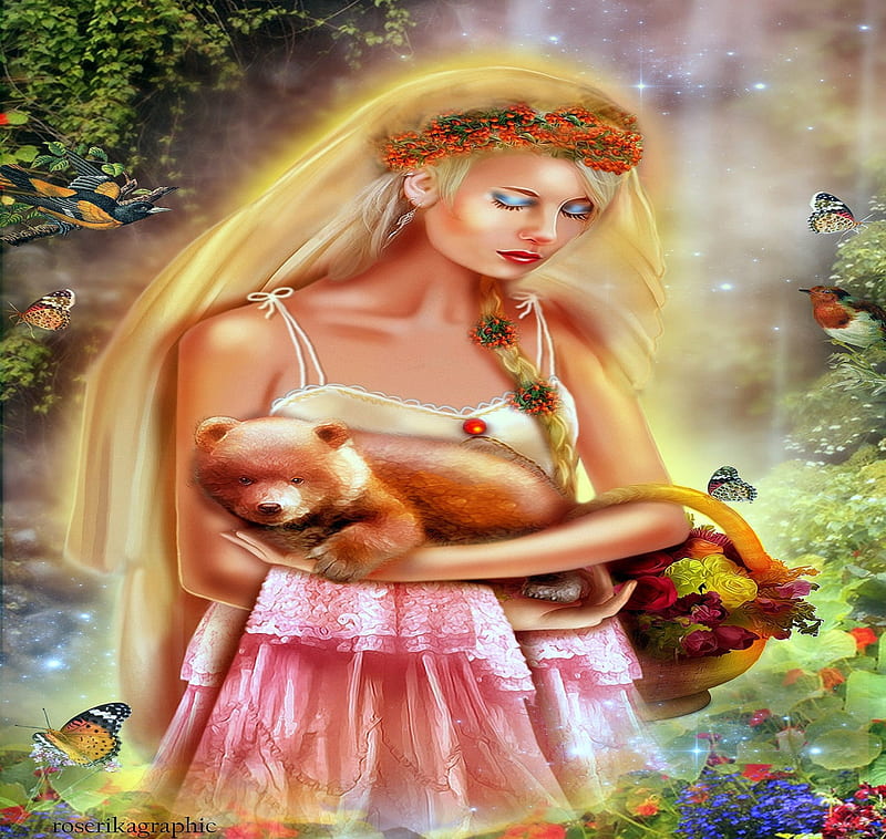 ~Caring in the Spring~, pretty, fantasy girls, gardening, softness beauty, bonito, digital art, hair, fantasy, beautiful girls, manipulation, flowers in their hair, flowers, girls, butterfly designs, animals, models, lovely, colors, love four seasons, birds, creative pre-made, butterflies, basket, weird things people wear, backgrounds, bears, lady, HD wallpaper