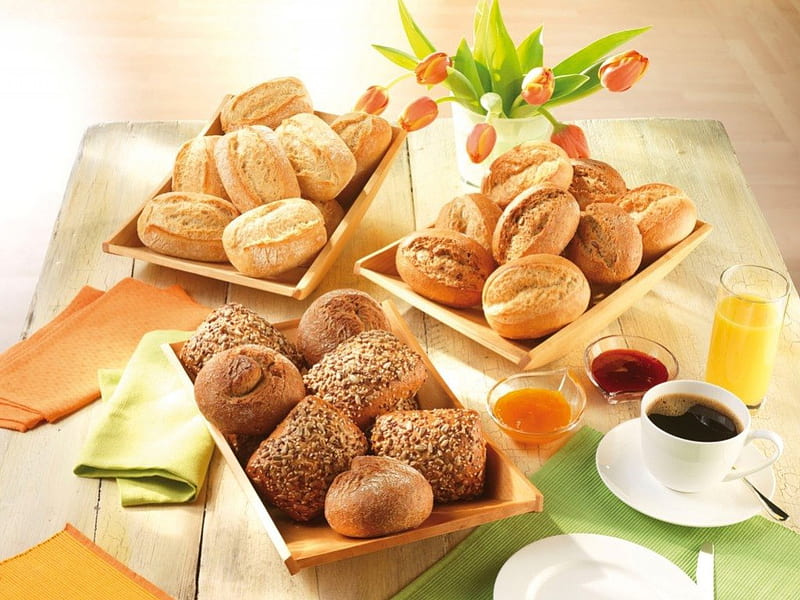 Breakfast, food, sesame seeds, bread, biscuits, tea, HD wallpaper