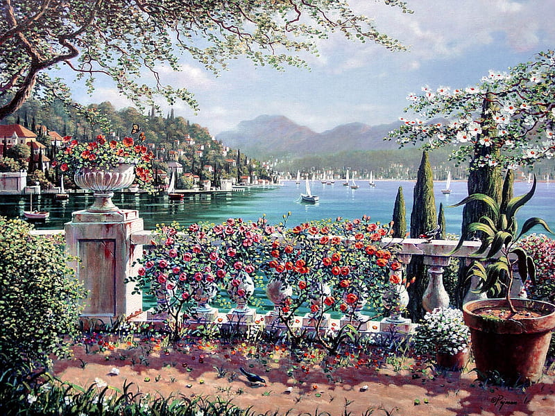 Terrace in Bellagio F5mp, art, bellagio, bob pejman, cityscape, lake, artwork, terrace, water, pejman, painting, flowers, scenery, HD wallpaper Terrace in Bellagio F5mp, art, bellagio, bob pejman, cityscape, lake, artwork, terrace, water, pejman, painting, flowers, scenery, HD wallpaper