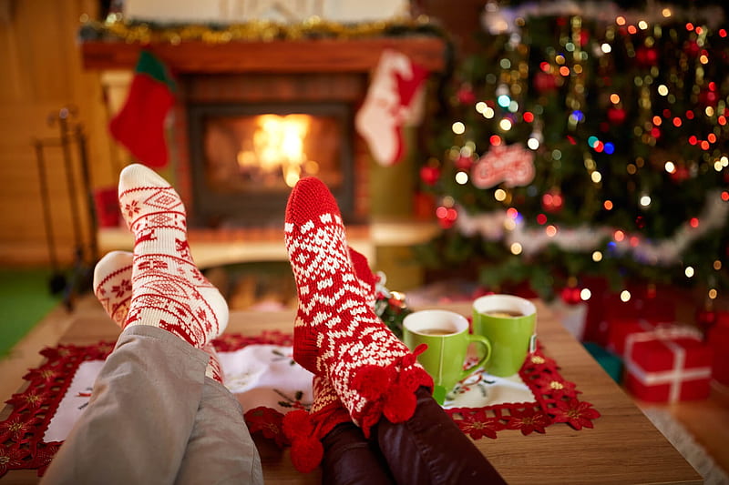 fireplace, red, tree, legs, christmas, craciun, socks, room, HD wallpaper