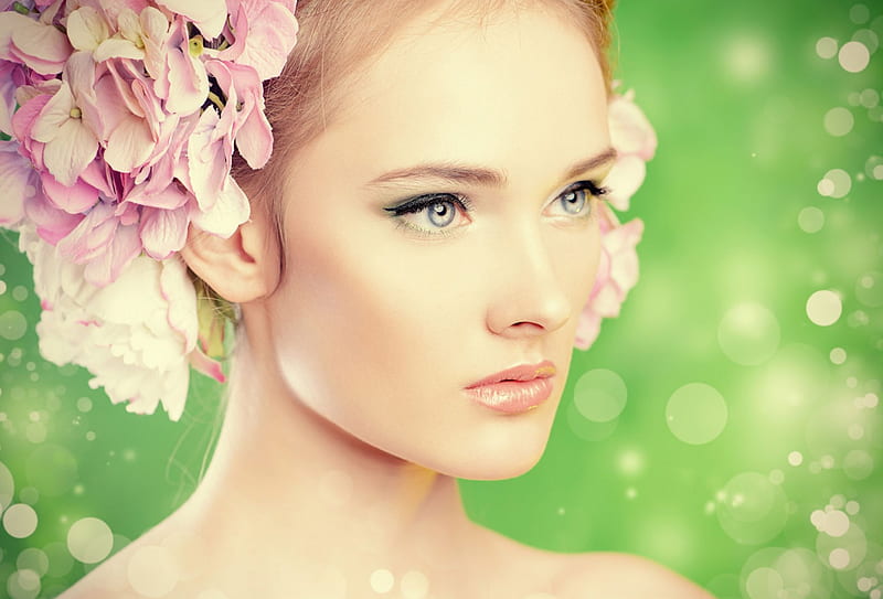 Feel The Breeze of Nature!✿, YOUNG, PINK, GREEN, BEAUTY, blonde, GIRL, FLOWERS, BOKEH, HD wallpaper