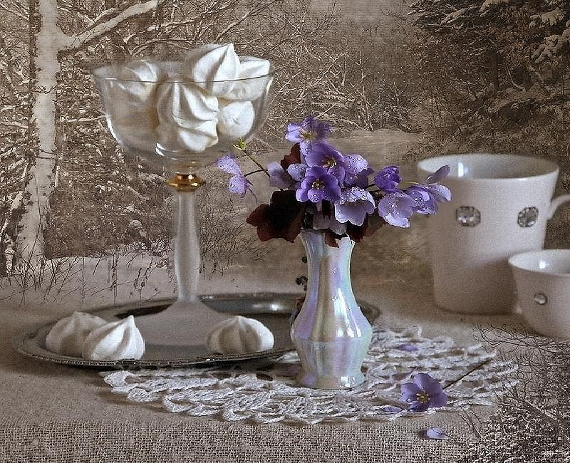 Danity Arrangement, silver ornaments, sugar treats, silver tray, doily, vase, purple flowers, cup, trees, HD wallpaper