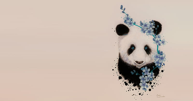 Panda bear, panda, fantasy, urs, bear, flower, black, jonna lamminaho, blue, minimalism, HD wallpaper