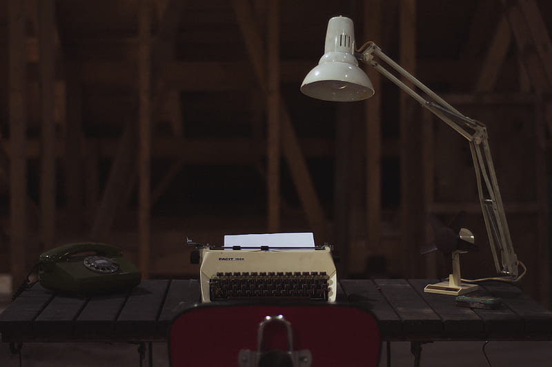 white and black type writer beside telephone on top of brown table, HD wallpaper