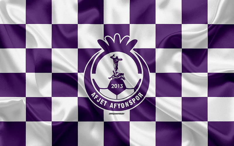 Afjet Afyonspor logo, creative art, purple white checkered flag, Turkish Football club, Turkish 1 Lig, emblem, silk texture, Afyonkarahisar, Turkey, football, HD wallpaper