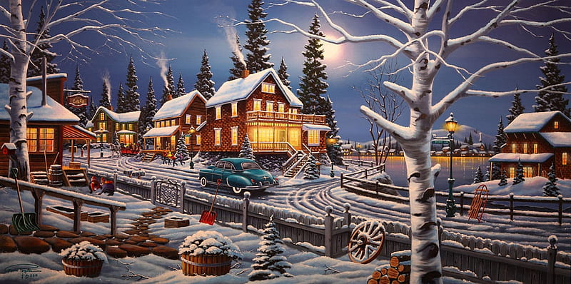 Winter Playtime, snow, houses, car, painting, village, trees, street, artwork, HD wallpaper