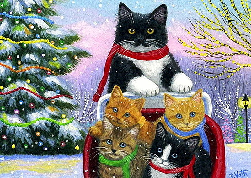 Kitten's Baby Carriage, snow, painting, kitties, fir, cat, artwork, winter, HD wallpaper