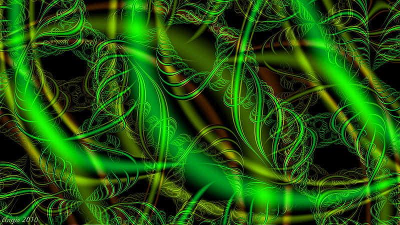 Fractal 6 in Green and Yellow, green, rays, cg, fractal, mind teaser, HD wallpaper
