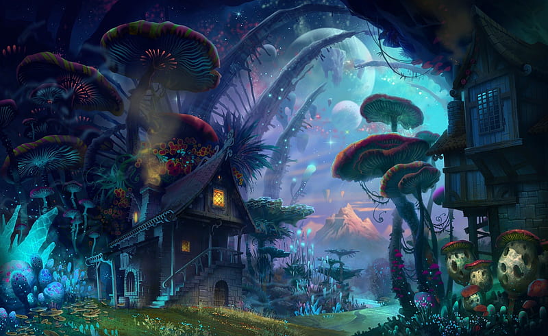 Fantasy world, forest, world, fantasy, house, mushroom, pink, blue, HD wallpaper