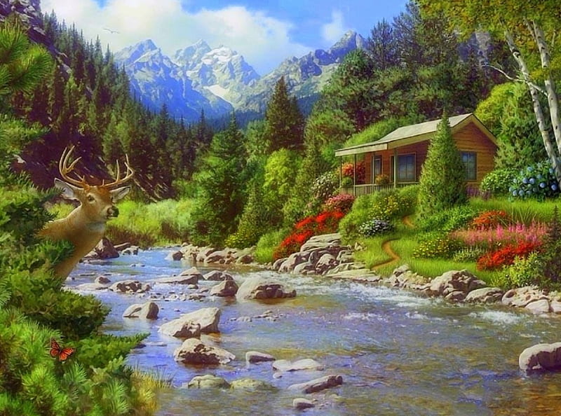 By a River, houses, love four seasons, attractions in dreams, trees, deer, valley, parks, summer, flowers, nature, butterfly designs, rivers, HD wallpaper