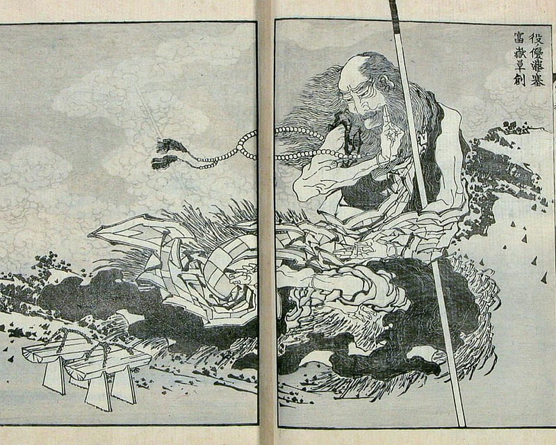 Hokusai - Enno Gyoja Opens Mt. Fuji, japan, woodblock, mythology, 19th century, HD wallpaper
