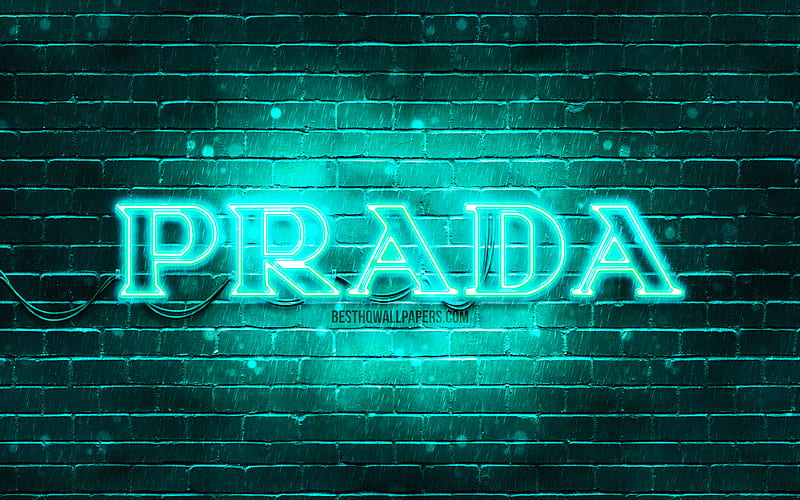 Prada turquoise logo turquoise brickwall, Prada logo, fashion brands, Prada neon logo, Prada, HD wallpaper