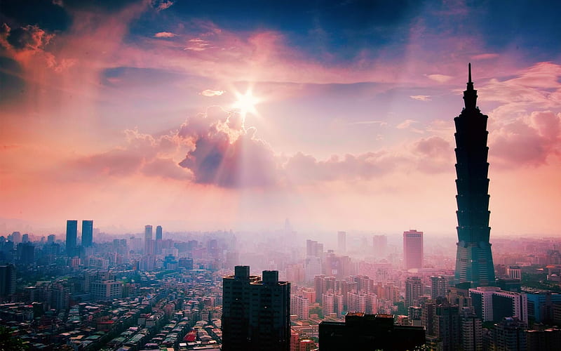 Star Shaped Sun Rays over a City, Cityscapes, Sky, Nature, Sun, HD wallpaper