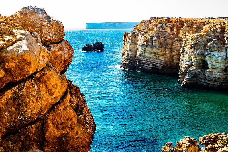 Algarve, Portugal, rocks, sky, Cliffs, sea, coast, HD wallpaper