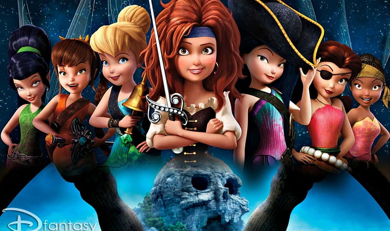 The pirate fairy (2014), movie, redhead, tinker bell, silvermist, fantasy, rosetta, zarina, the pirate fairy, vidia, wheel, sword, disney, fawn, wings, hat, girl, skull, iridessa, HD wallpaper