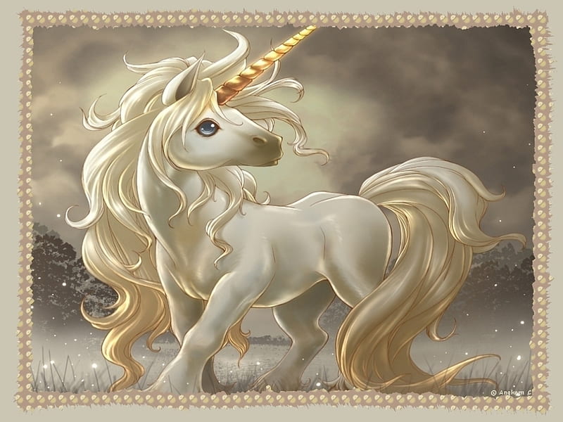 Golden~Unicorn, art, fantasy, gold, 3d, unicorn, animals, HD wallpaper