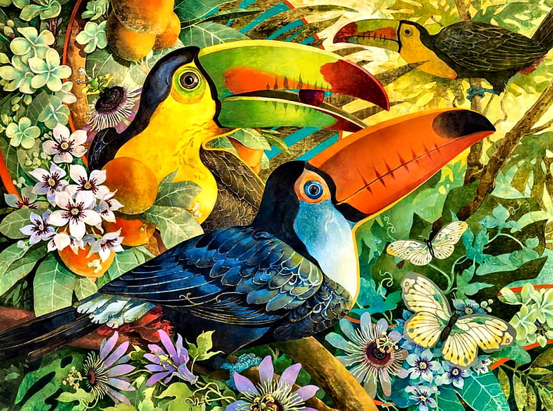 Tucan Interlude, art, bonito, illustration, artwork, animal, bird, avian, painting, Tucans, wide screen, wildlife, flowers, HD wallpaper